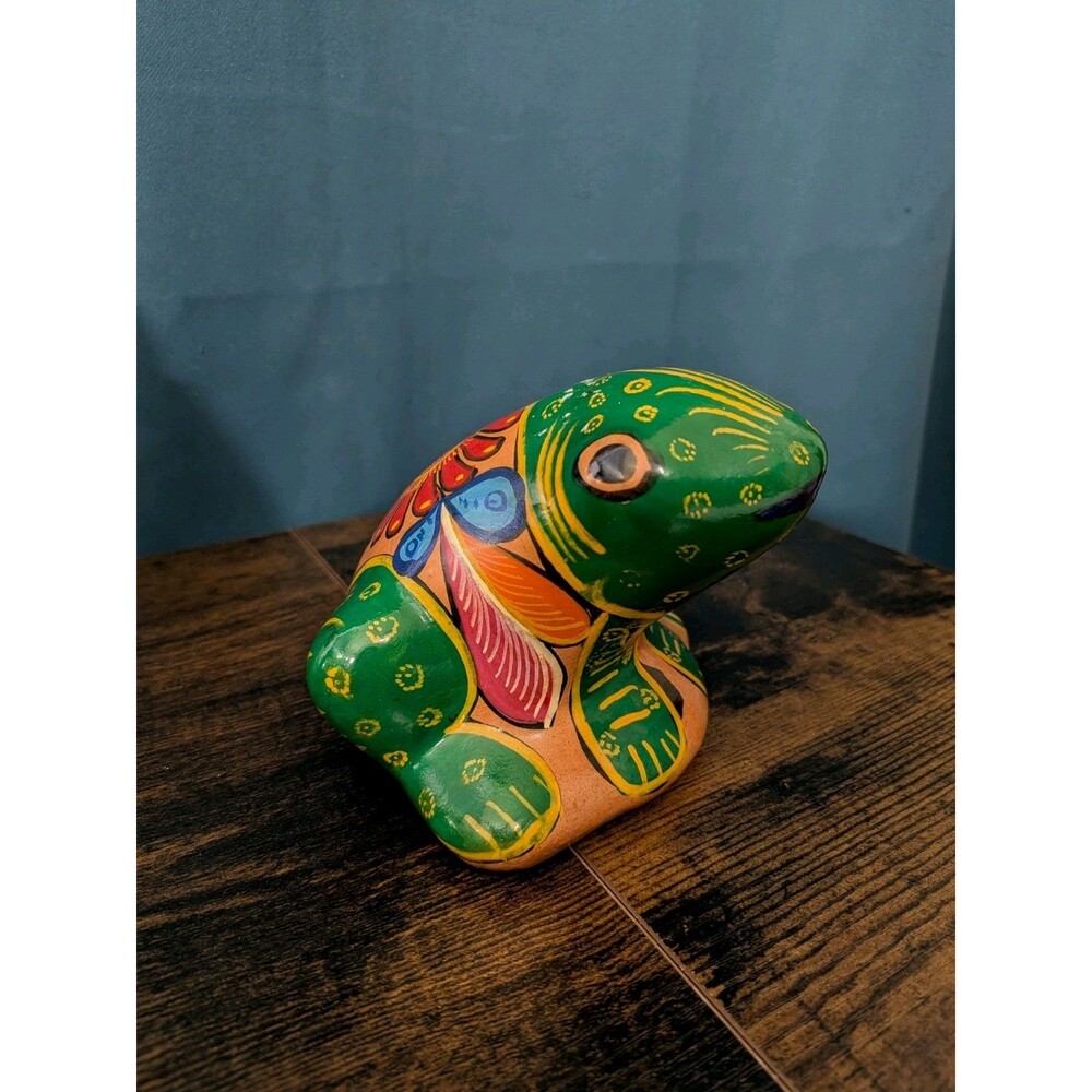 Talavera Frog Colorful Hand Crafted Painted  Clay Figurine Mexico Floral